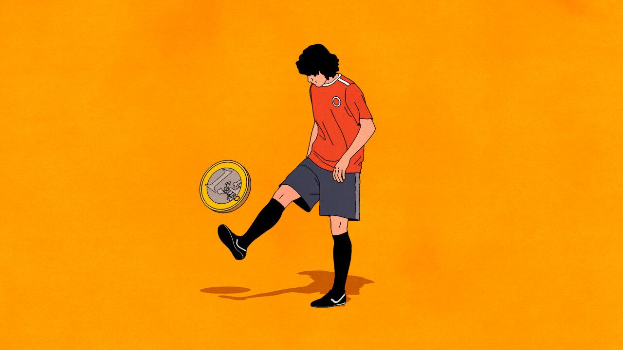 Illustration of a footballer kicking a 1 euro coin