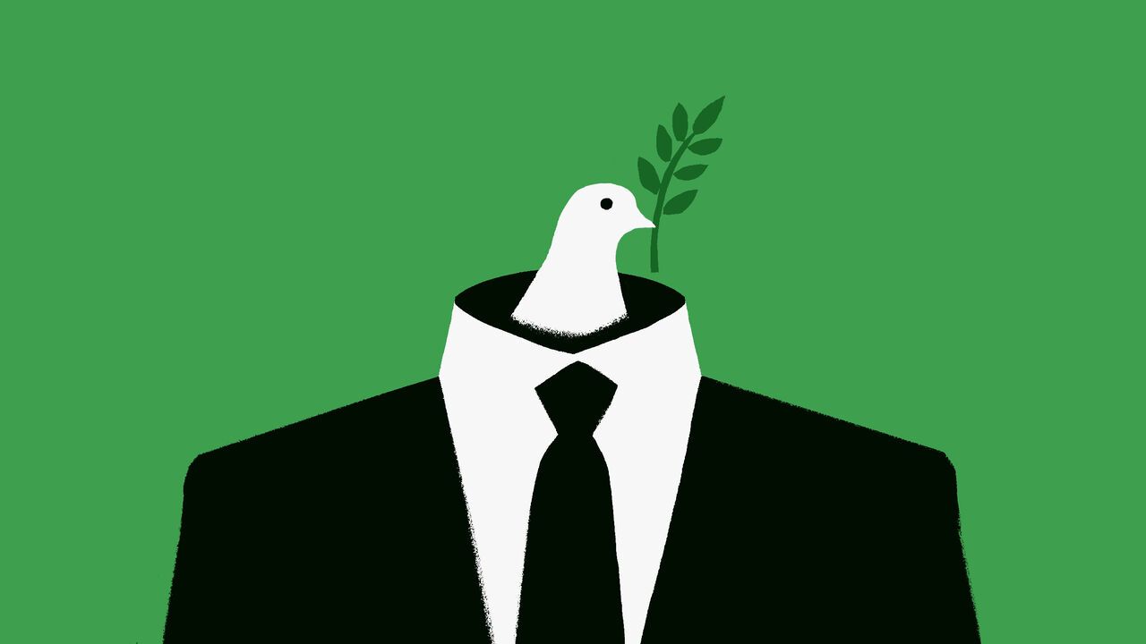 Illustration of a dove holding an olive branch poking its head out of the collar of a suit