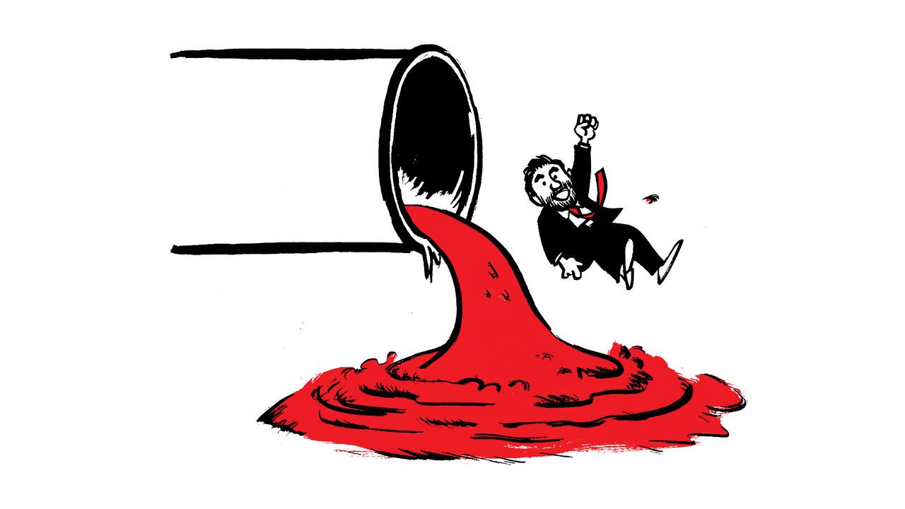 An. illustration of a man in a suit flying out a drainpipe with his fist in the air 