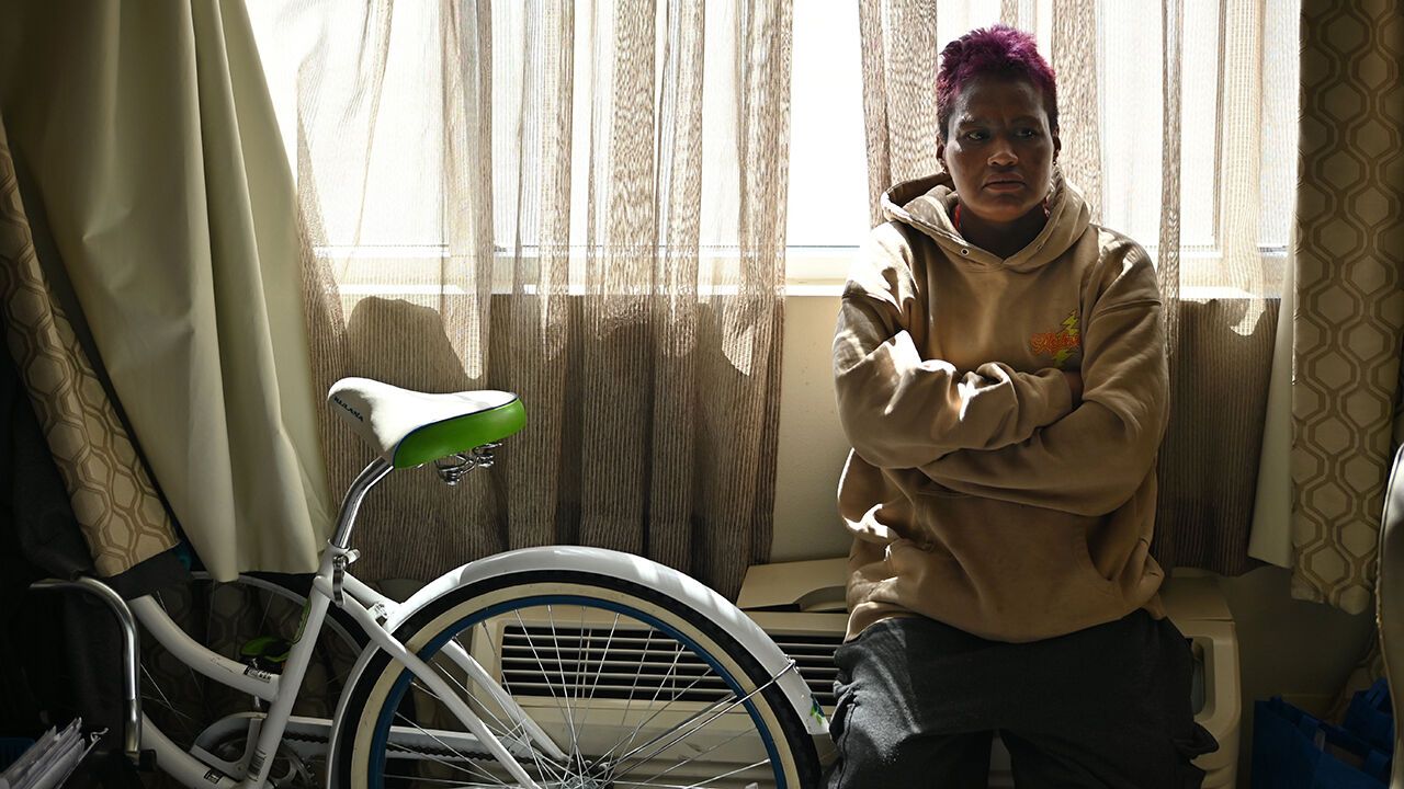 Roberta Ramirez, 40, stays at The Aspens, a non-congregate homeless shelter, in Denver, Colorado 