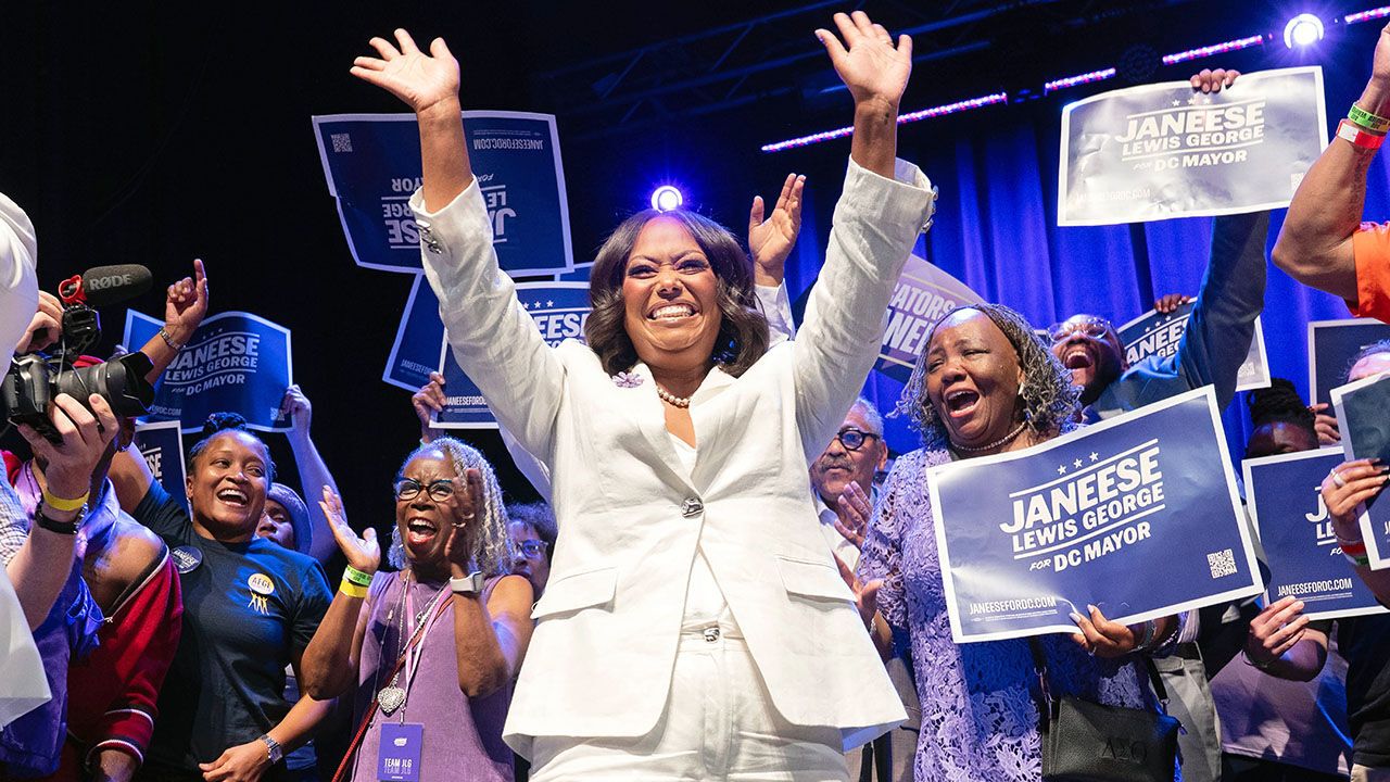 D.C. Council member Janeese Lewis George waves to the crowd as she celebrates after winning D.C. Mayor primary election.