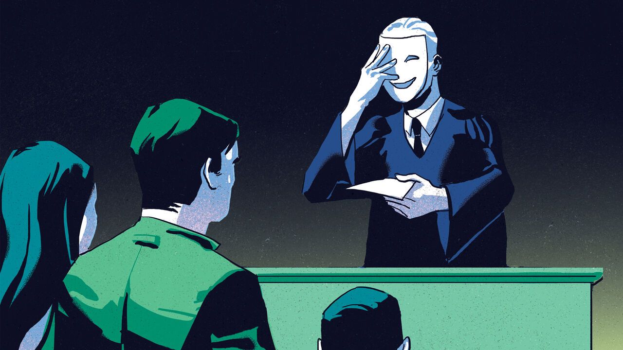 Illustration of a man in a judge's robe holding a mask over his face handing a paper to a family