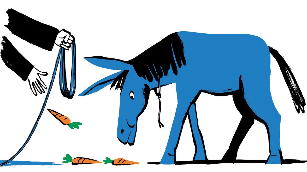 Illustration of hands dropping carrots to try to catch a donkey