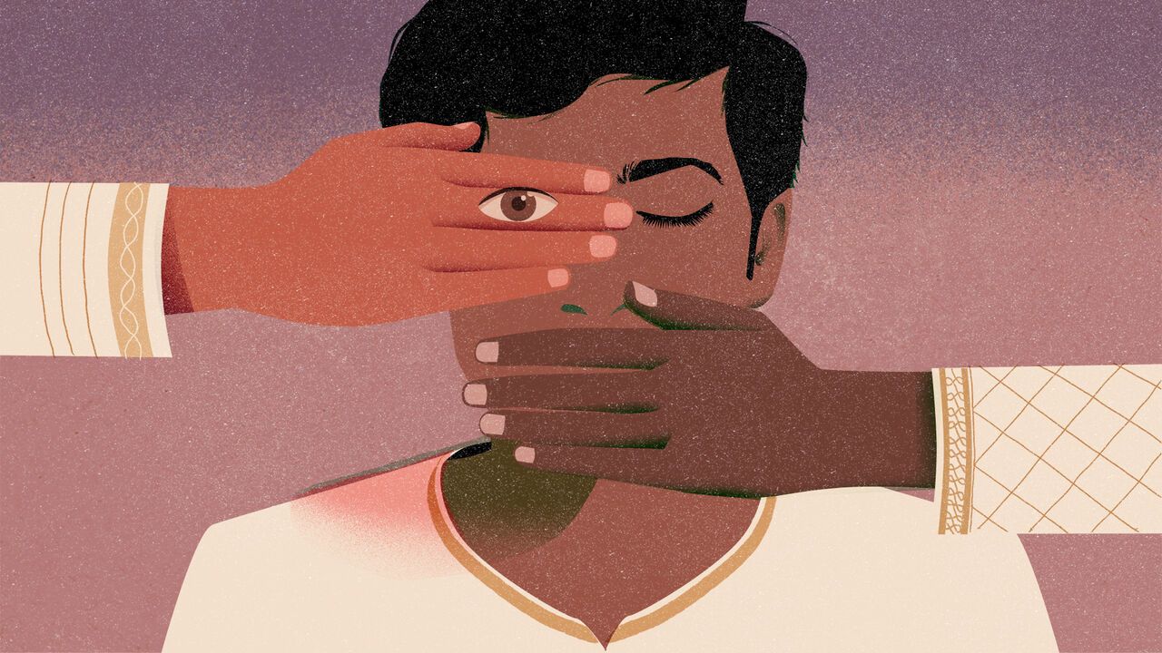 Illustration of a man with an hand over his mouth and one over his eye, his uncovered eye is closed but his covered one is looking through the hand