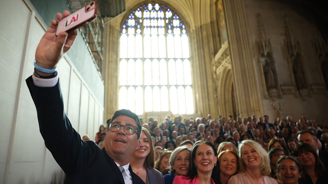 Andy Burnham takes a selfie with Labour MPs after his swearing-in at the Houses of Parliament on June 22nd 2026
