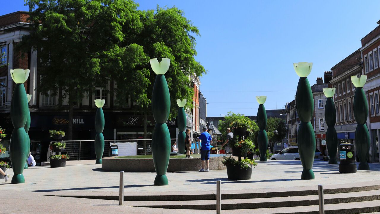 The Skittles sculptures, Warrington City Centre, Cheshire, England, UK.