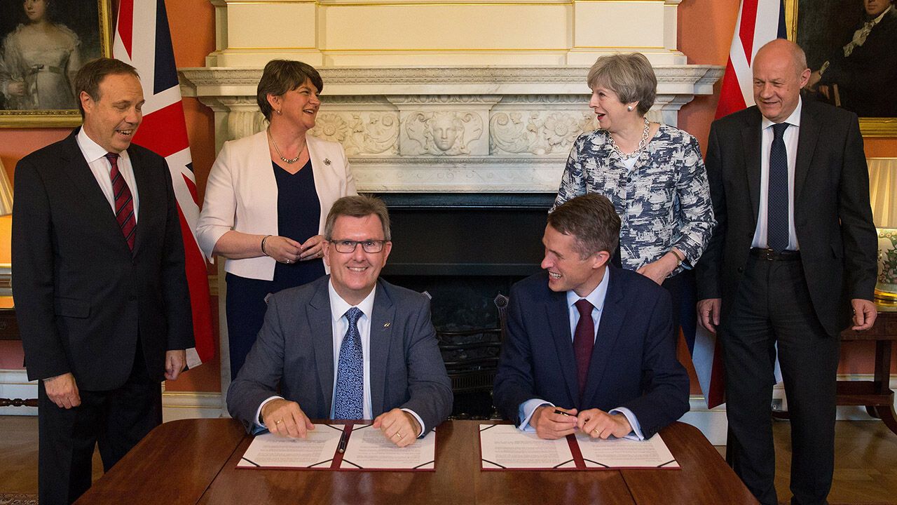 Prime Minister Theresa May stands with First Secretary of State Damian Green, DUP leader Arlene Foster, DUP Deputy Leader Nigel Dodds, DUP MP Jeffrey Donaldson and Chief Whip Gavin Williamson, inside 10 Downing Street, London, on June 26th 2017