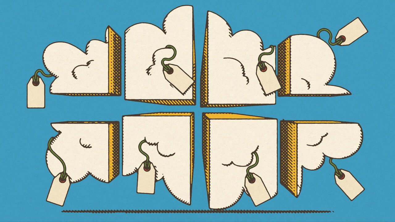 Illustration of a cloud that has been cut into pieces, all the pieces have price tags on them