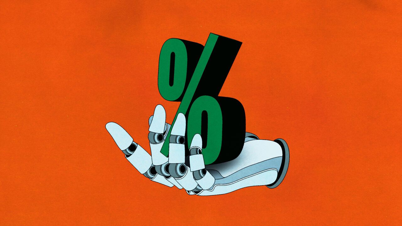 Illustration of a robot hand holding a percentage sign