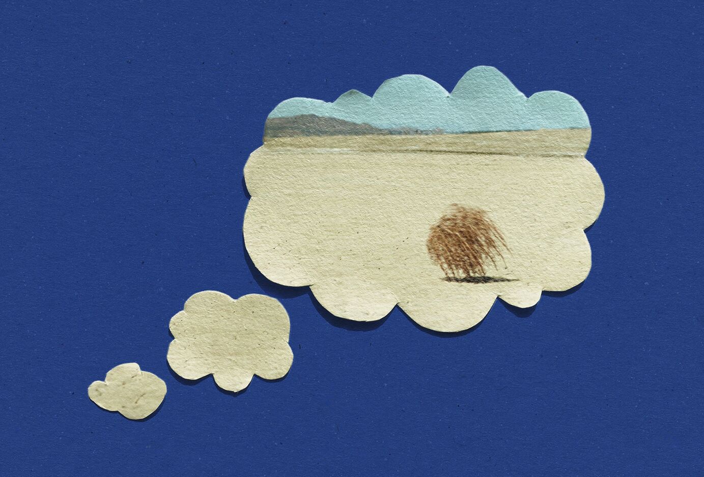 Illustration of a thought bubble with a scene of tumbleweed going through it