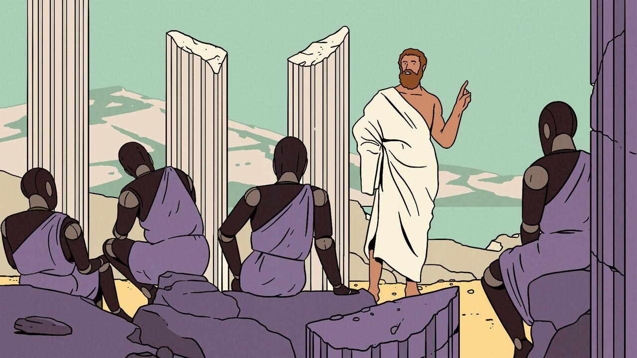 Illustration of ancient Greek philosopher teaching a group of robed robots among ruined columns.
