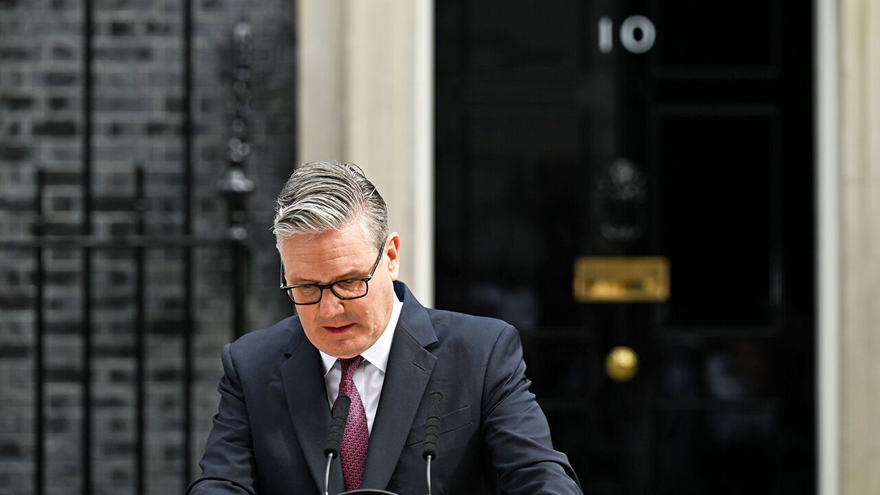 Keir Starmer, UK prime minister, makes a statement outside 10 Downing Street in London