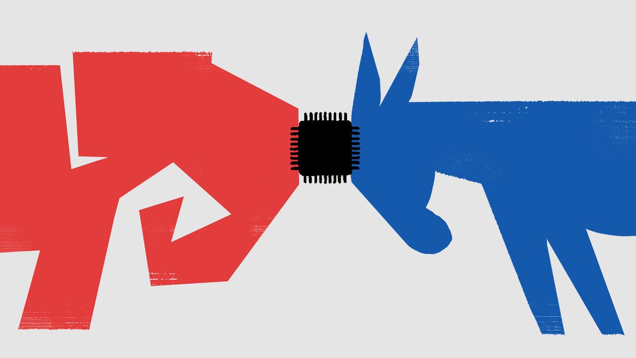Illustration of an elephant and a donkey butting heads with a computer chip between them