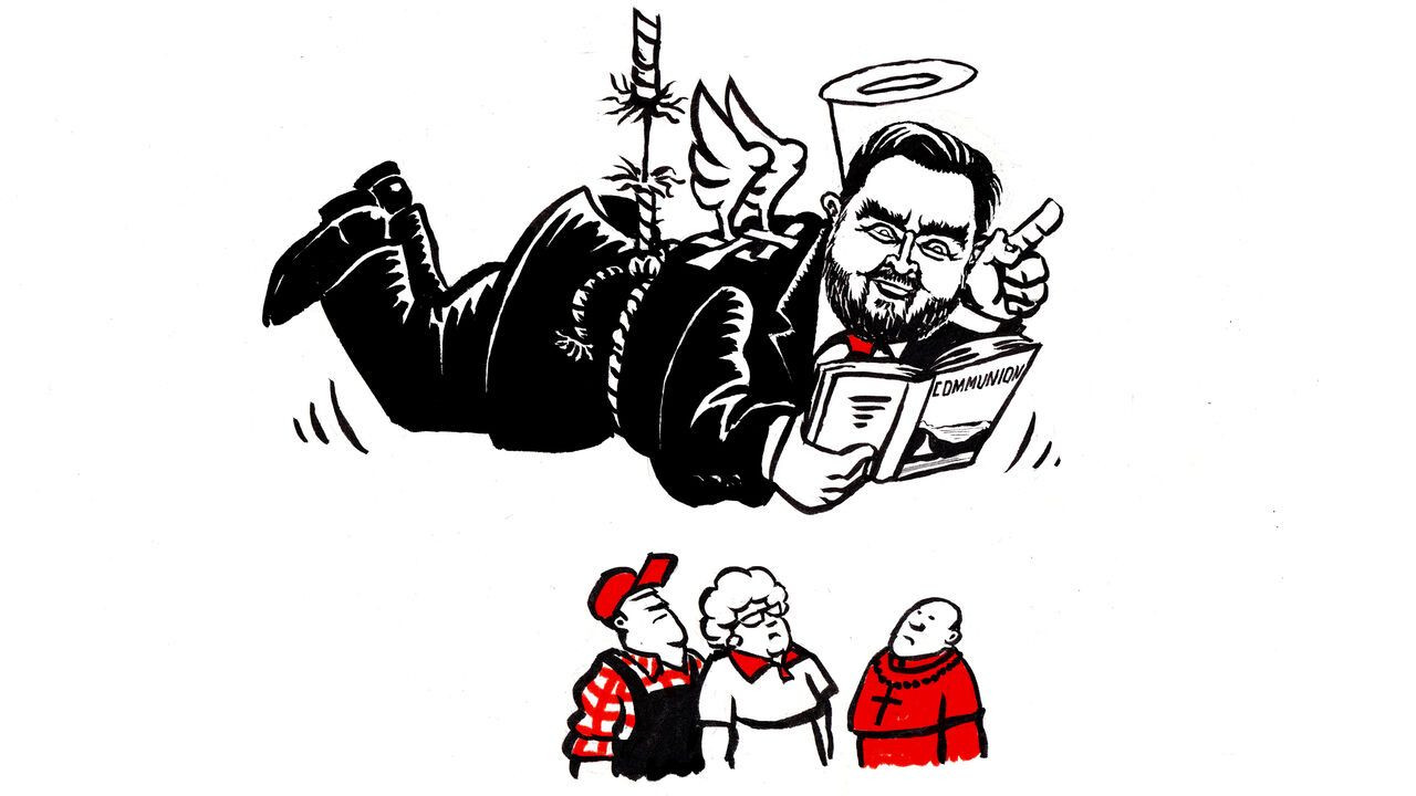 Cartoon of Vance hovering over everyone, reading his book aloud