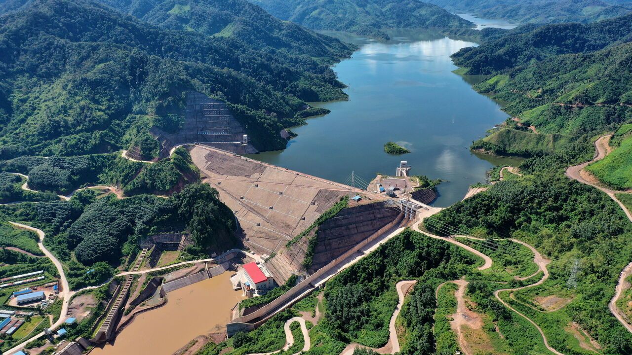 An aerial photo shows the Nam Ou 7 hydropower plant of the Nam Ou River Cascade Hydropower Project in northern Laos.