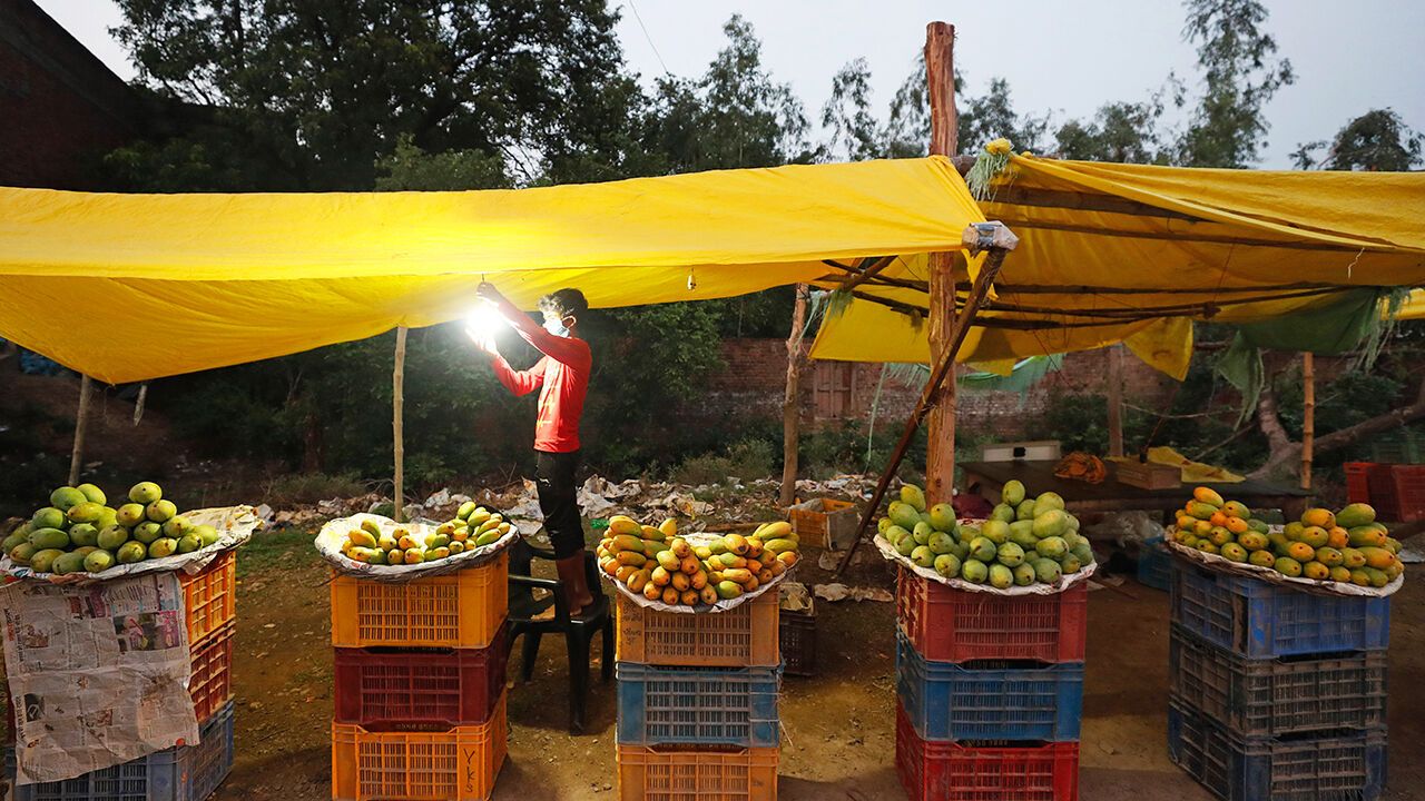A fruit seller hangs a light bulb at his mango stall in Uttar Pradesh, India, June 19, 2020.