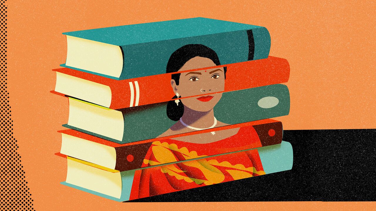 Illustration of a stack of books with the spines lined up to make up a portrait of an Indian woman