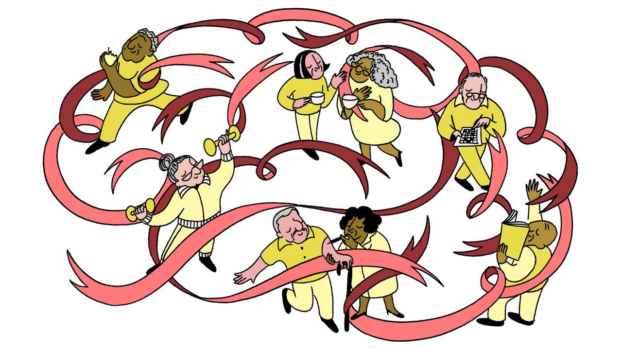A group of older people engaged in activities that protect brain health such as eating well, exercising, socialising, receiving vaccines, and studying. A flowing ribbon connects and encompasses all of them, curving and looping to form the shape of a brain.