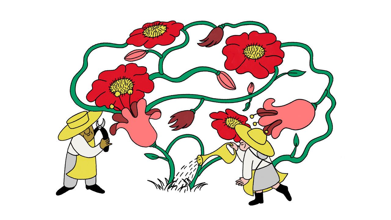 A giant flower, blooming and blossoming in the shape of a brain, with two gardeners watering and caring for it attentively.