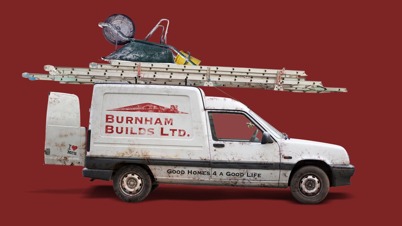 Illustration of an old white van with a ladder and wheelbarrow tied to the top that has the words Burnham Builds Ltd. on it, good homes 4 a good life