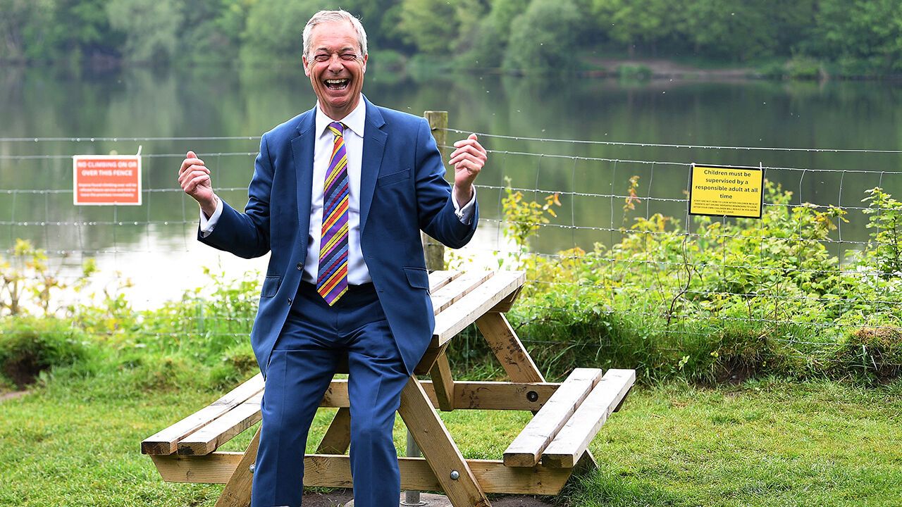 Reform UK leader Nigel Farage reacts during a visit to St Helens, north west England on May 8th 2026