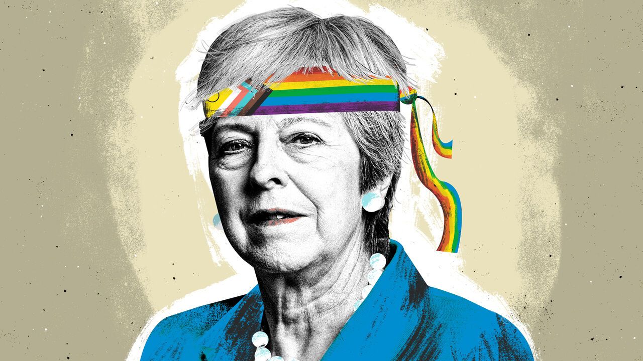 Illustration of Theresa May with a bandana tied around her head witht he LGBT+ flag on it