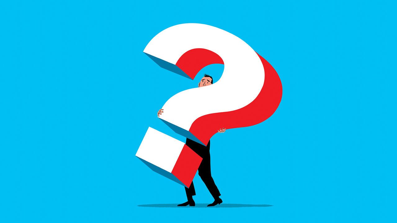 Illustration of a man holding a giant question mark