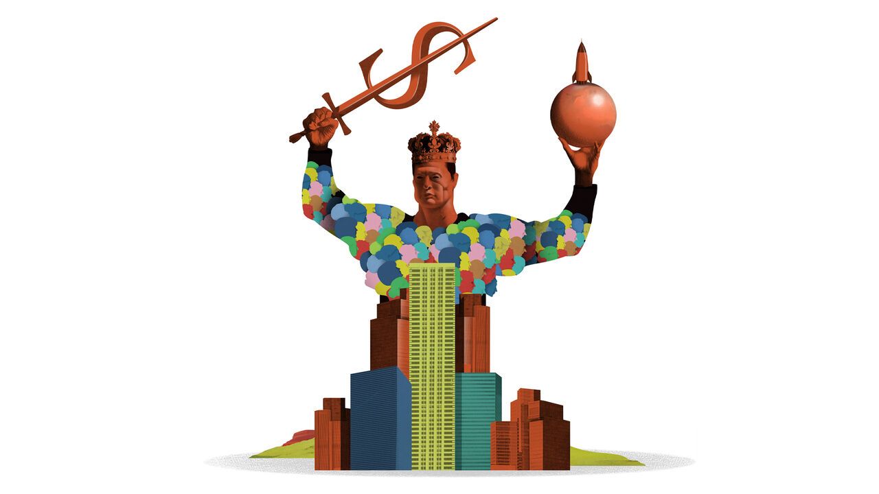 illustration showing Elon Musk as a crowned giant whose body is made of colorful shareholder silhouettes rising above high-rise office buildings. He holds a dollar-sign sword in one hand and a Saturn-like globe topped with a rocket in the other