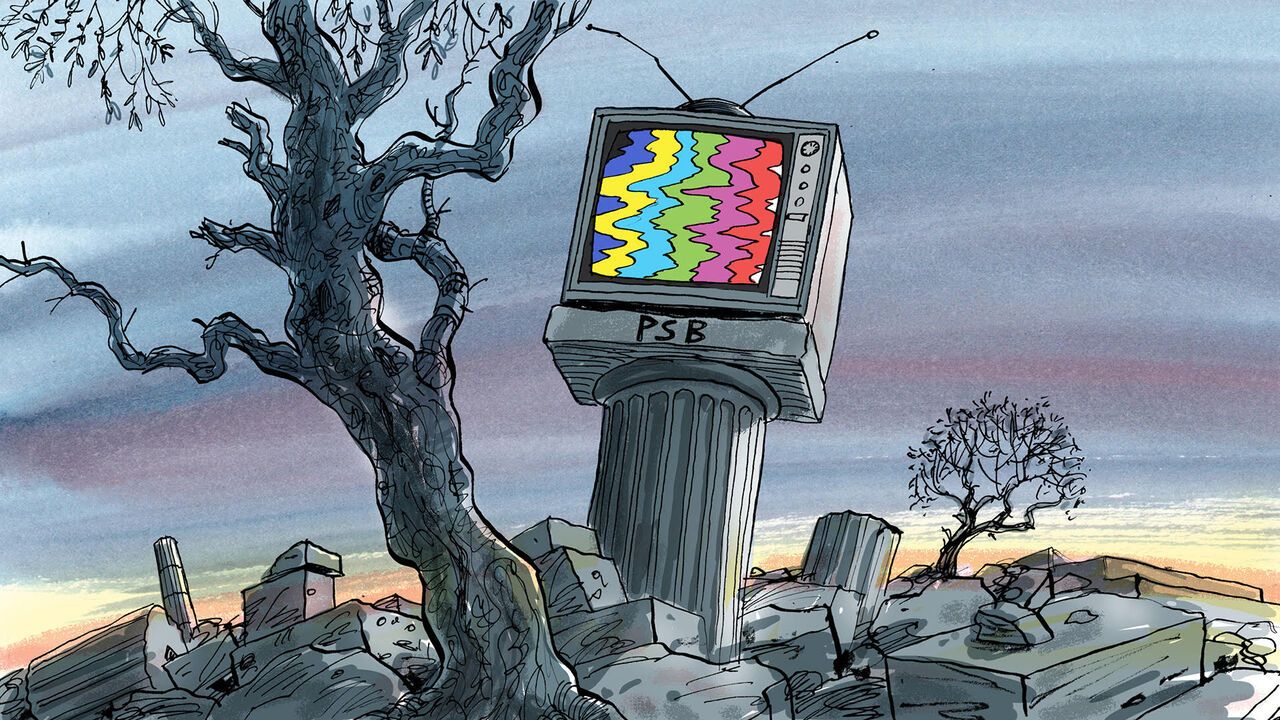 An old television on a ruined pedestal.