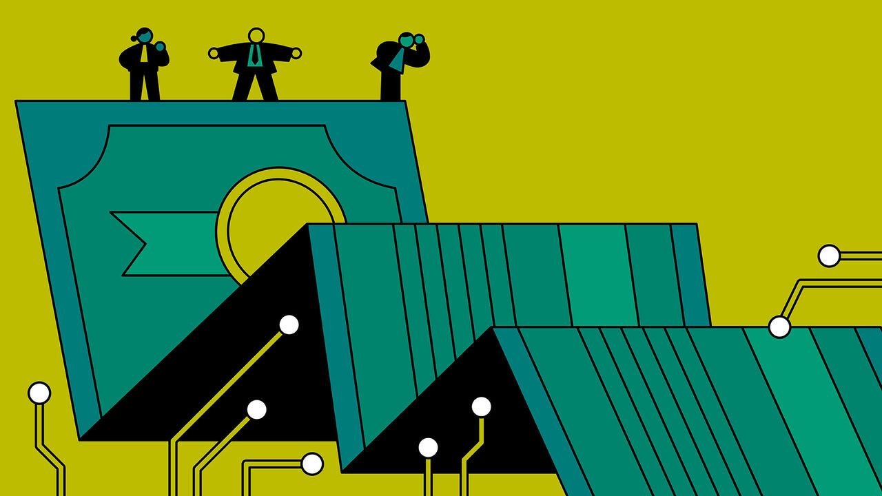 An illustration showing bonds, and AI circuit lines with small business people standing on top