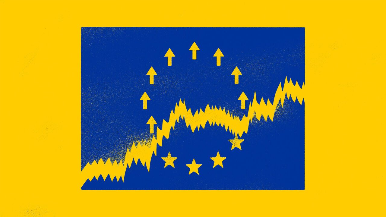 A european flag with arrows instead of the starts at the bottom being torn apart in the middle