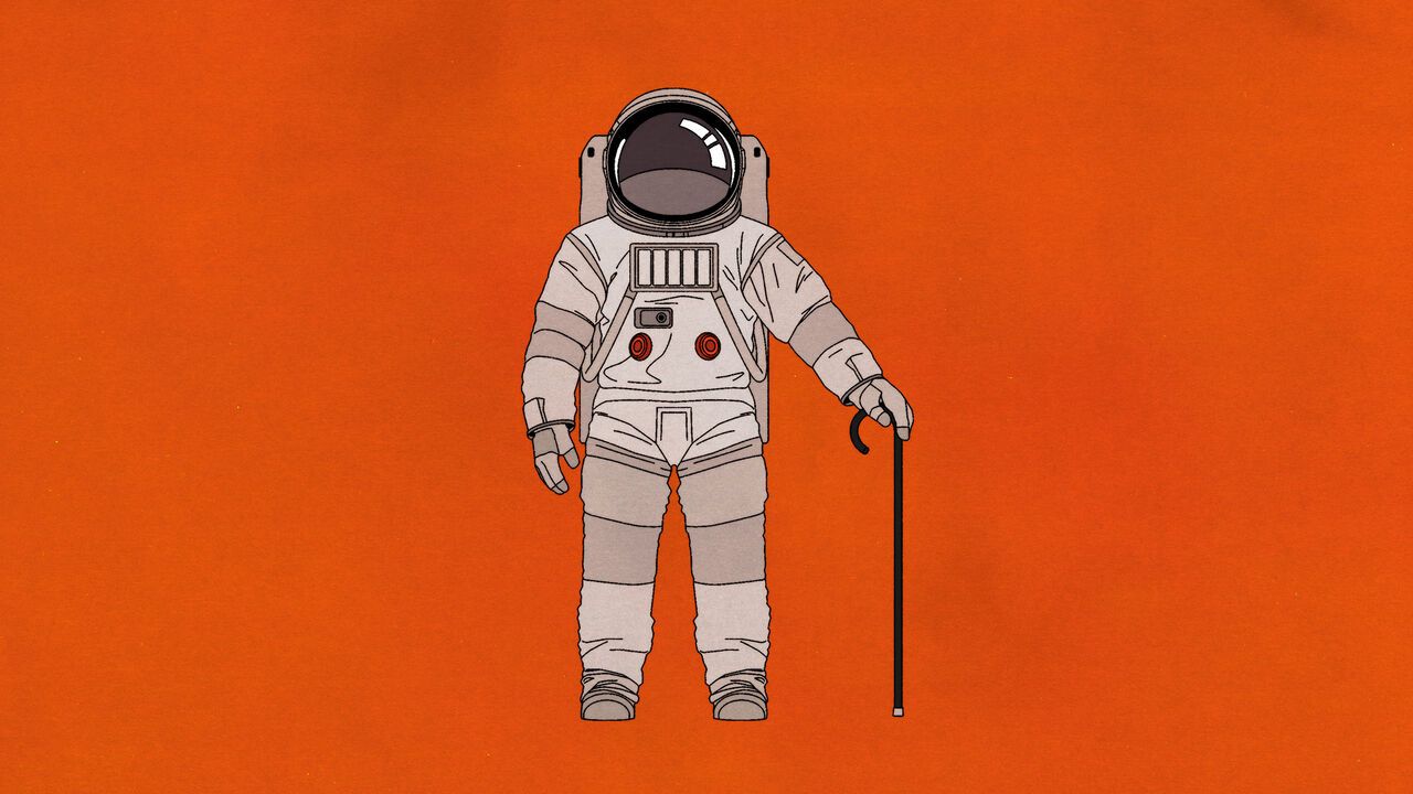 An illustration of a white astronaut standing against a red background, holding a black cane