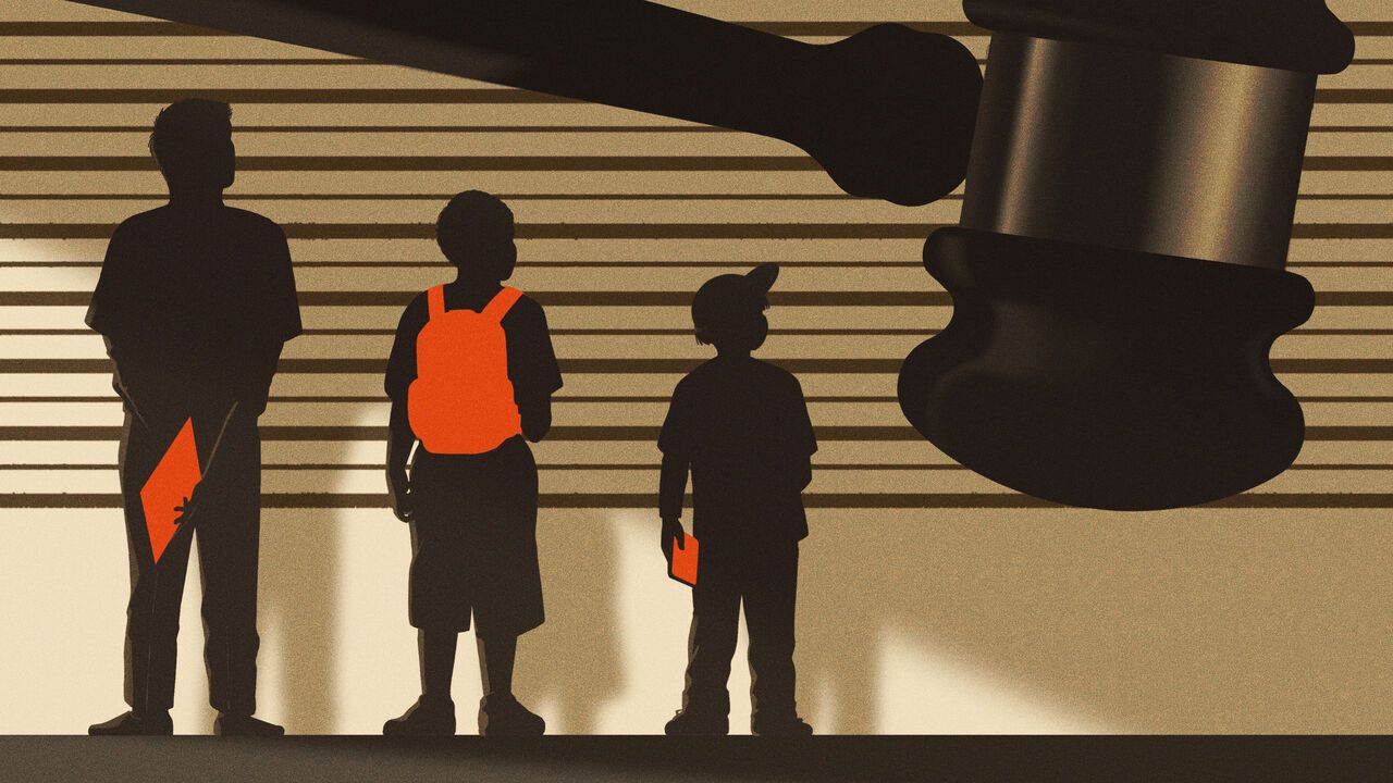 Illustration of three people looking up to a big gavel over their heads.
