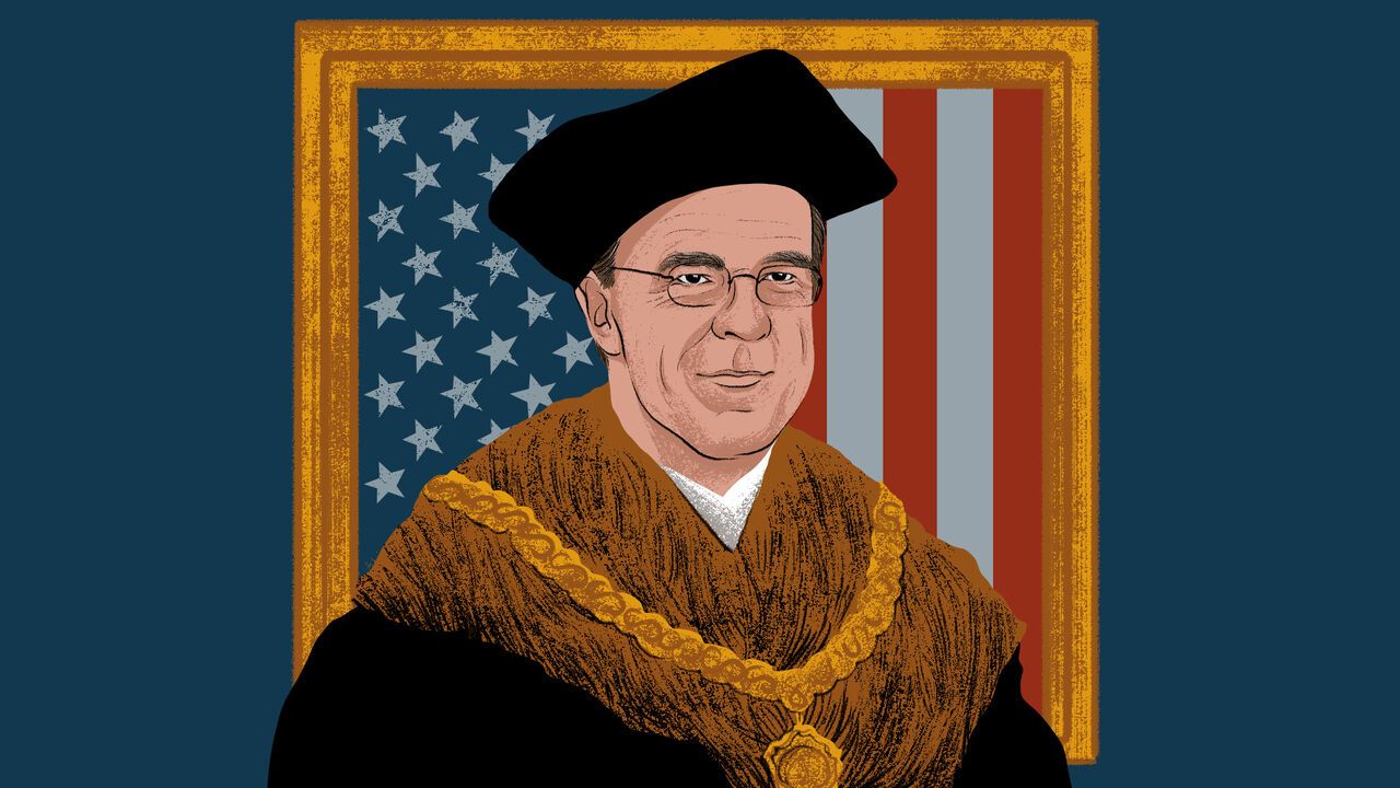 An illustration of Mark Rutte dressed with a gold chain, fur collar and black hat, reminiscent of paintings by the Old Dutch Masters, in front of a picture frame containing the US flag.