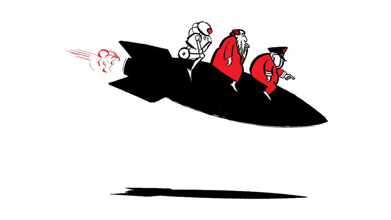 A stylized illustration of a robot, an elderly person, and a worker riding a rocket, symbolizing humanity's shared journey toward the future and technological progress.