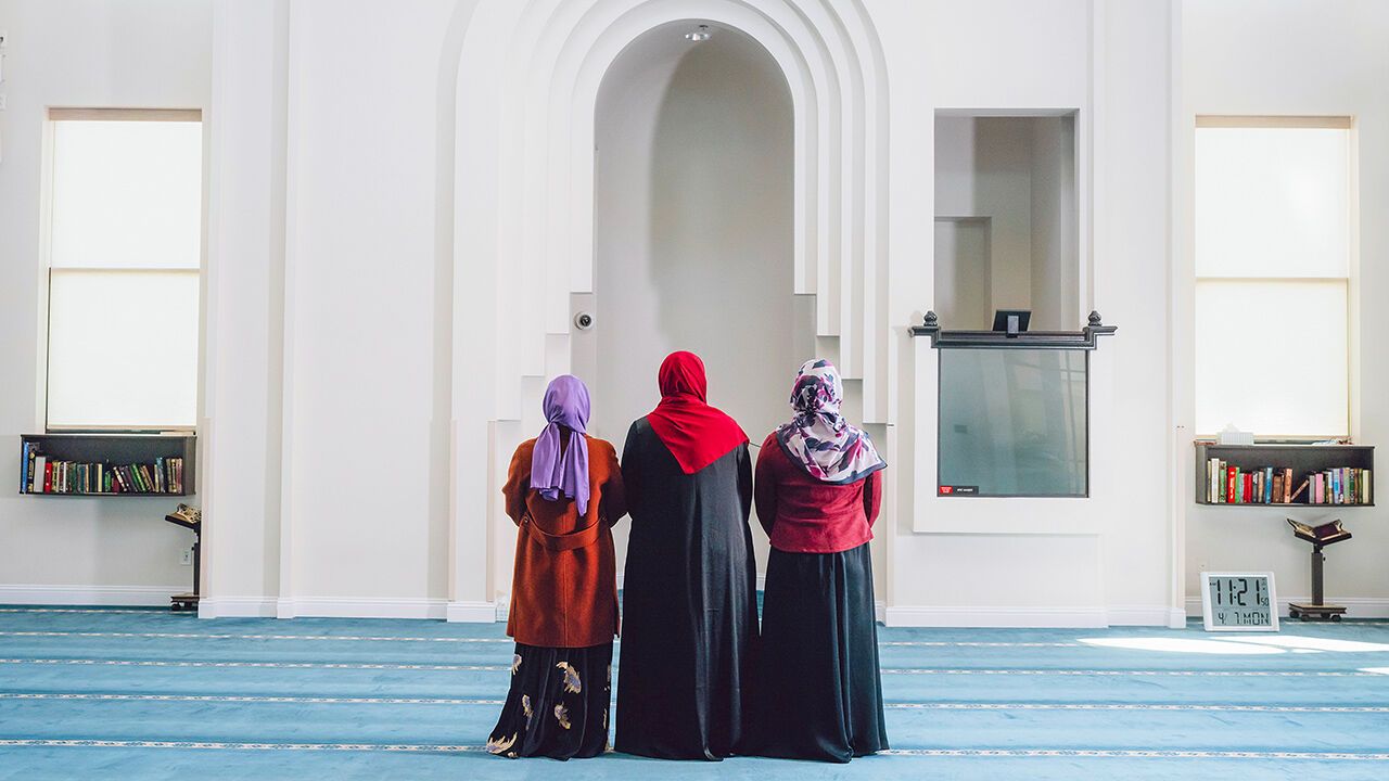 Muslim women in the prayer room at the East Plano Islamic Center in Plano, Texas.