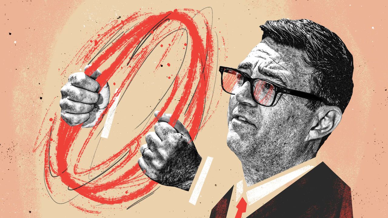 A stylized collage illustration of Andy Burnham in glasses holding and swirling bold red brushstrokes