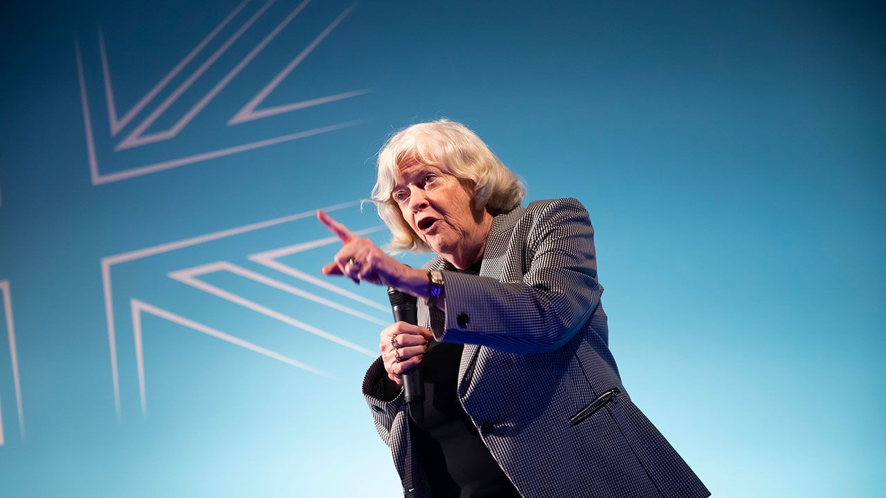 Ann Widdecombe speaking at a Reform UK event in Redruth, Cornwall in February 2025