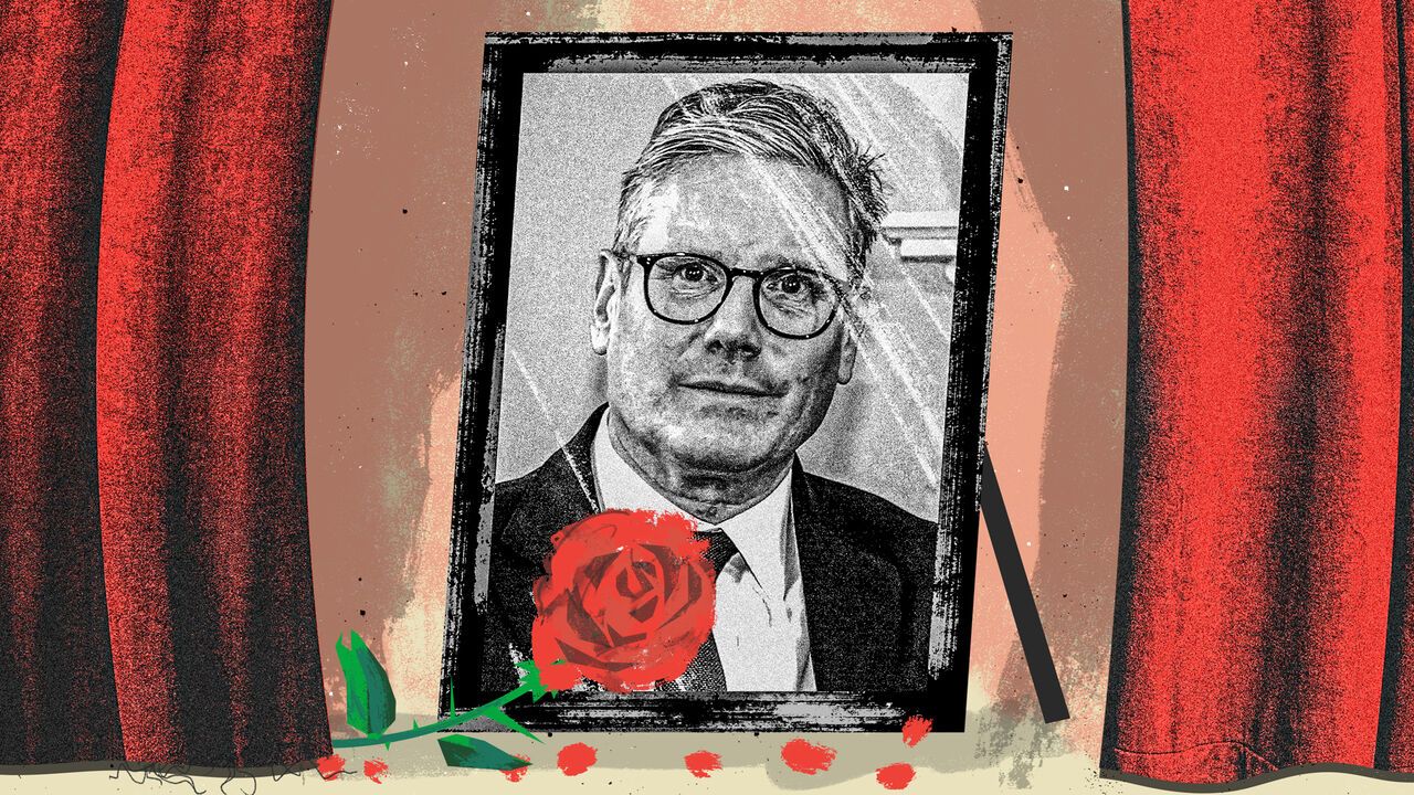 Keir Starmer in a framed portrait, surrounded by a rose and petals