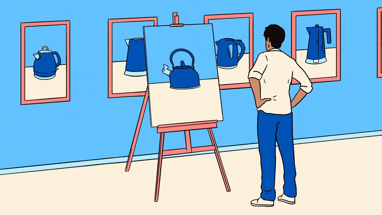 Illustration of a person in a gallery viewing a painting of a blue kettle on an easel, with additional kettle images displayed on the walls.