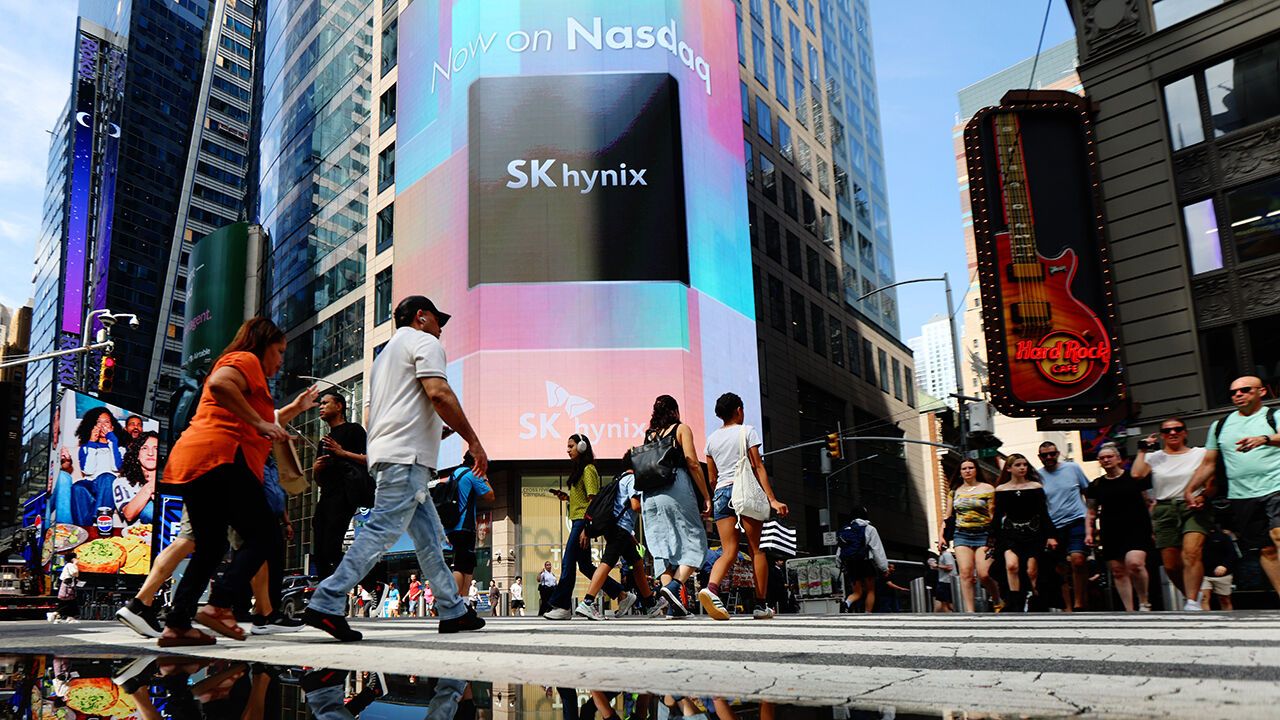 SK Hynix signage during the company's initial public offering (IPO) at the Nasdaq MarketSite in New York