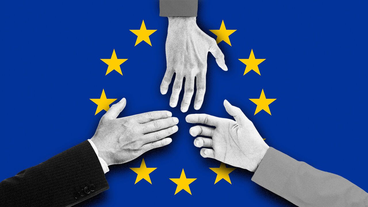 Three outstretched hands, each in a business suit sleeve, reach toward the center of a blue background featuring the European Union flag.