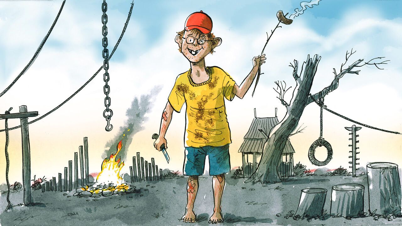 Illustration of a young person cooking a sausage on a stick.
