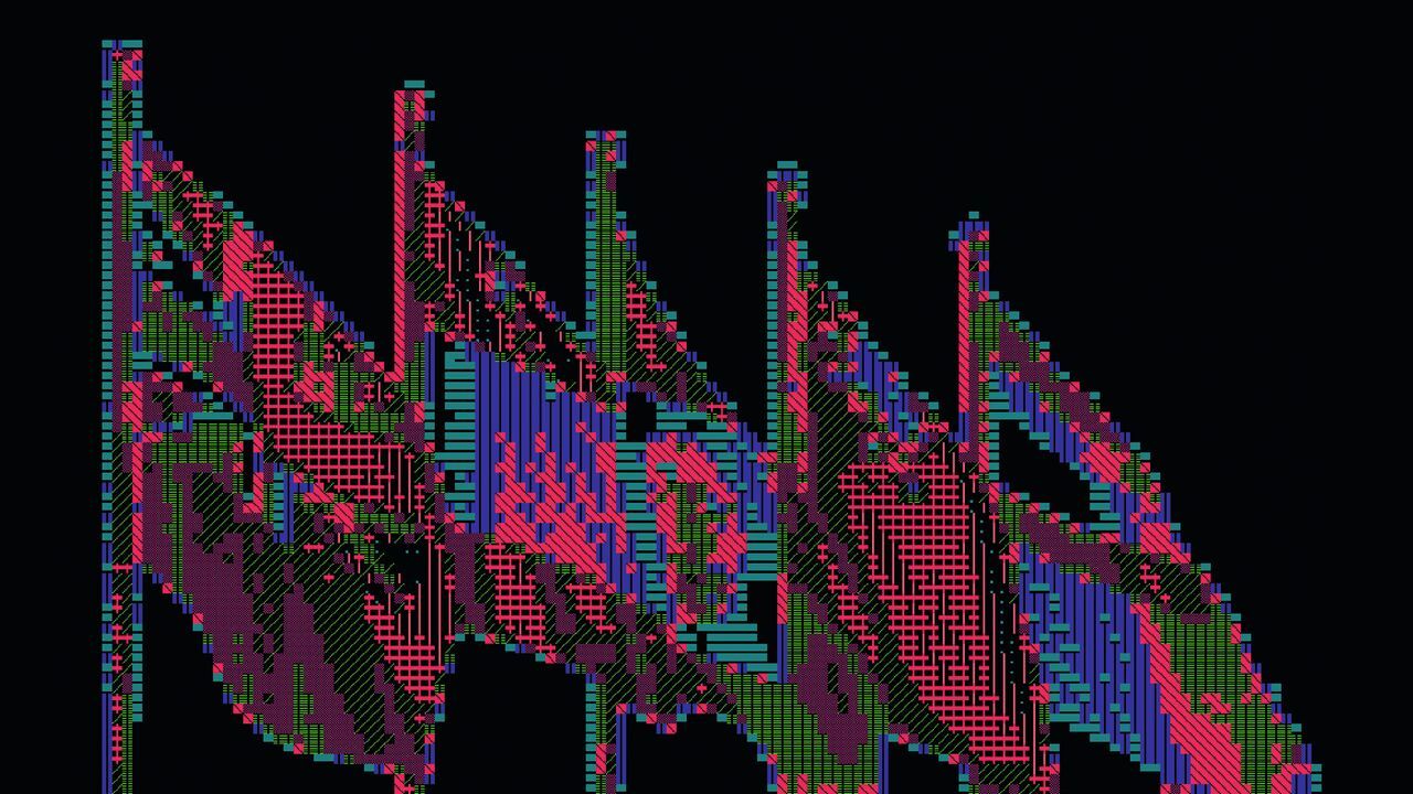 Illustration of a row of five flags made up of code.