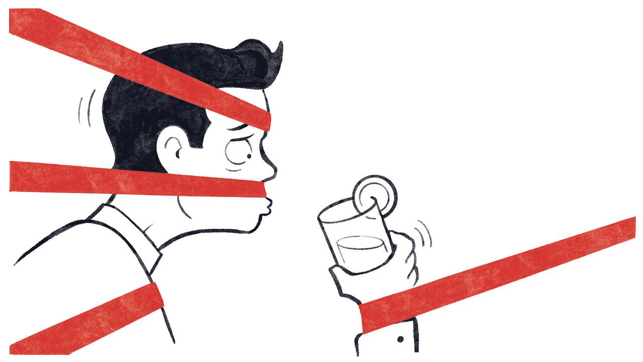 illustration of a worried person wrapped in red tape, struggling to drink from a glass