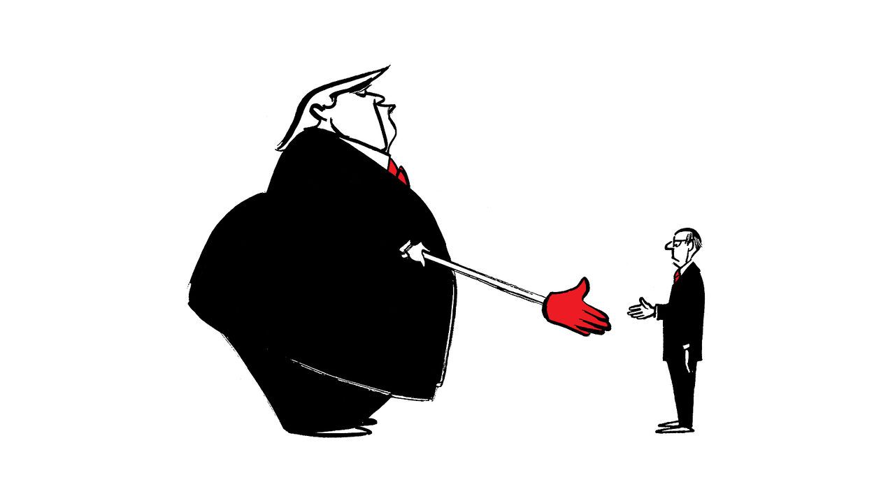 The illustration depicts Donald Trump as an oversized, domineering figure extending an unnaturally long hand to shake with a much smaller Vladimir Putin. The exaggerated size difference suggests Trump holds the stronger position in the relationship, while