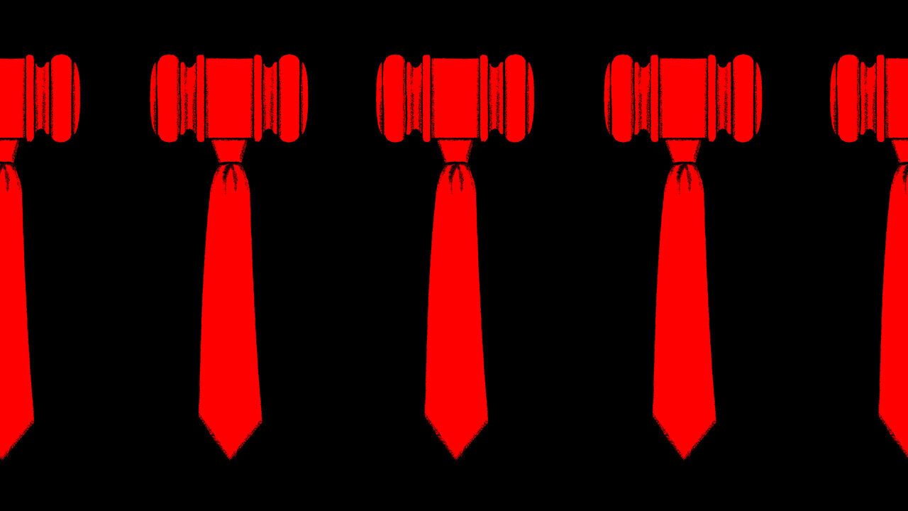 Illustration of a red gavel with the handle made out of a tie.