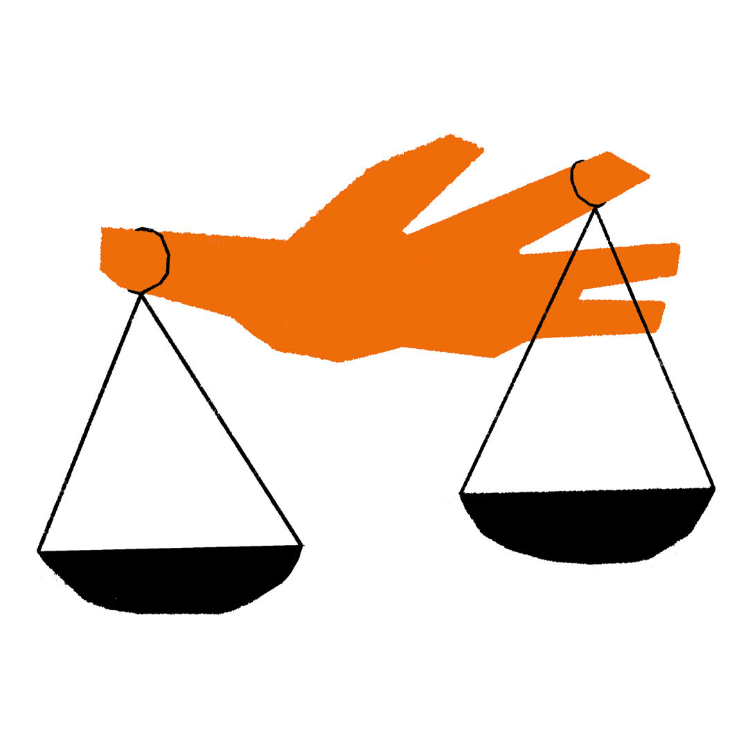 Illustration of a hand puppeteering two scales.
