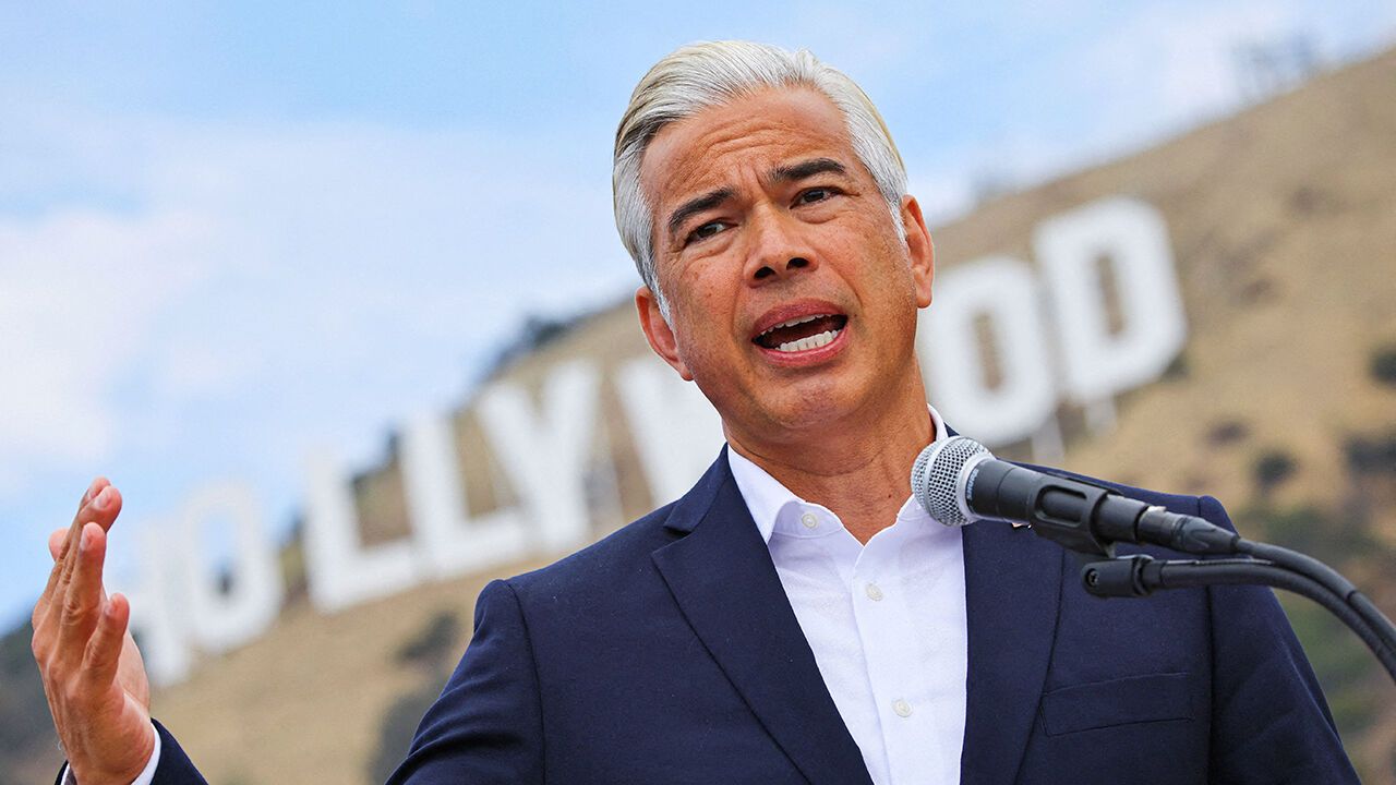 California Attorney General Rob Bonta holds a press conference in front of the Hollywood sign in Los Angeles