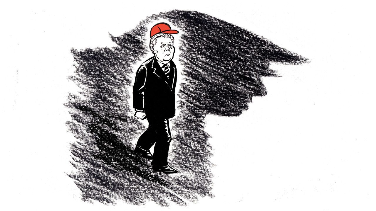 Illustration of Lindsey Graham walking over the shadow of Donald Trump.
